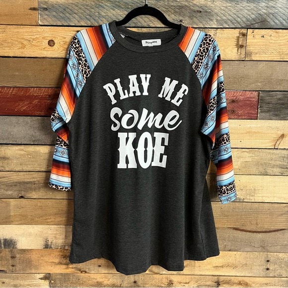 Play Me Some Koe Gray Aztec Print Raglan 3/4 Sleeve Top Size Large - Picture 1 of 8